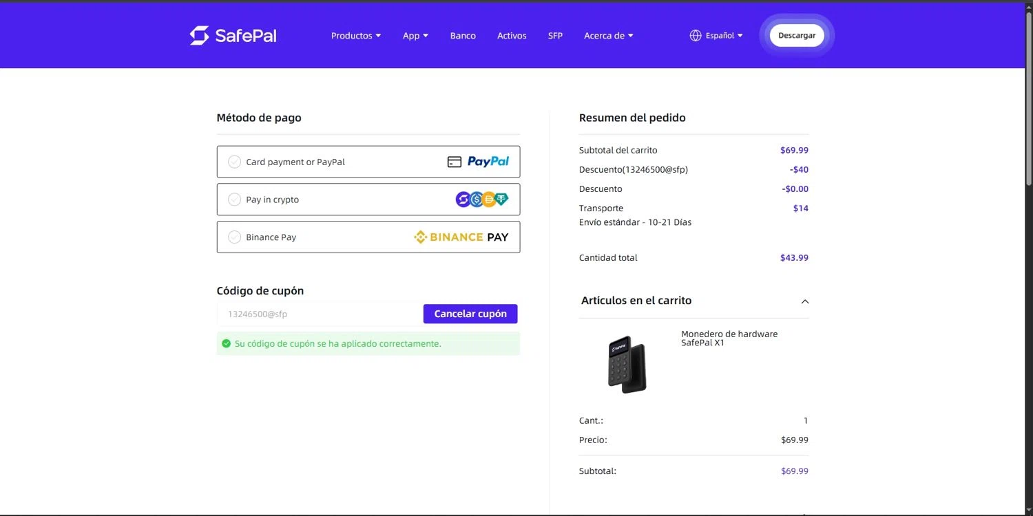 Safepal promo code screenshot showing code 13246500@sfp applied at Safepal checkout page. Uploaded by SimplyCodes community member Depressive on Nov 8, 2025
