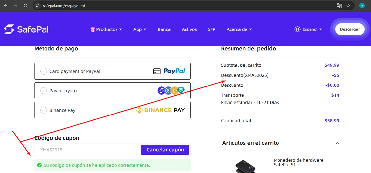 Safepal promo code screenshot showing code XMAS2025 applied at Safepal checkout page. Uploaded by SimplyCodes community member argenygalvez on Dec 28, 2025