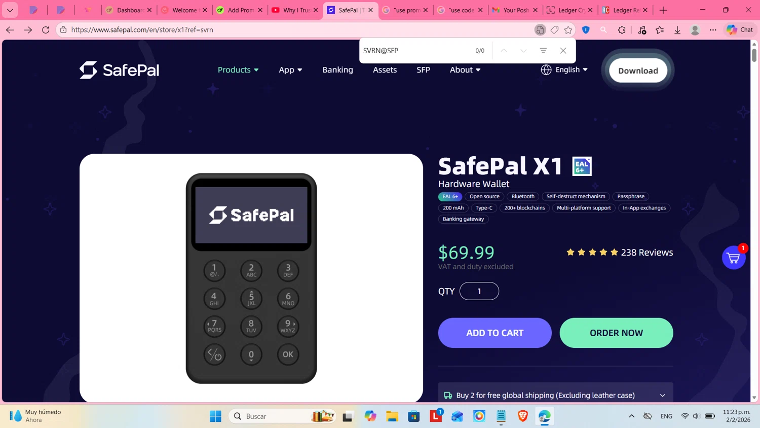 Safepal promo code screenshot showing code SVRN@SFP applied at Safepal checkout page. Uploaded by SimplyCodes community member cosita on Feb 3, 2026