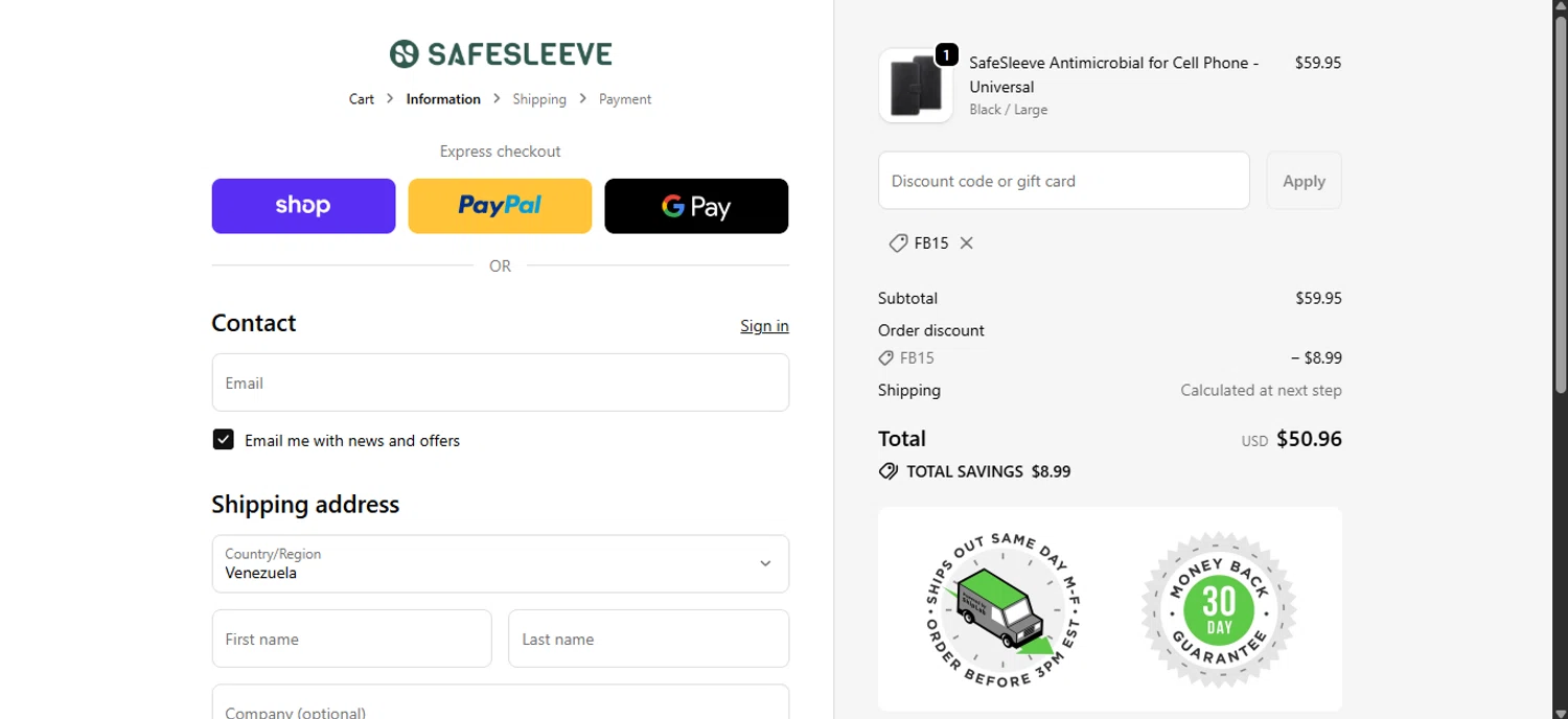 SafeSleeve discount code screenshot showing code FB15 applied at SafeSleeve checkout page. Uploaded by SimplyCodes community member ______________ on Dec 4, 2025