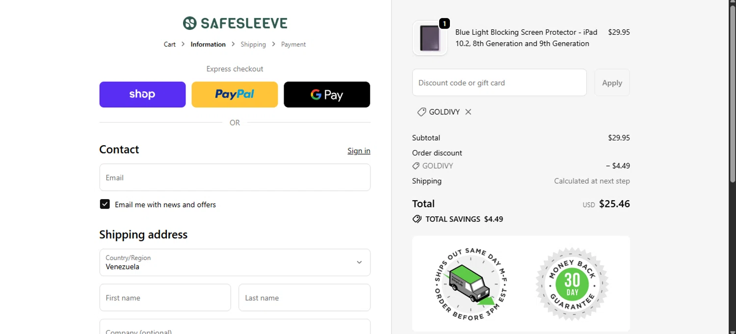 SafeSleeve discount code screenshot showing code GOLDIVY applied at SafeSleeve checkout page. Uploaded by SimplyCodes community member ______________ on Nov 21, 2025