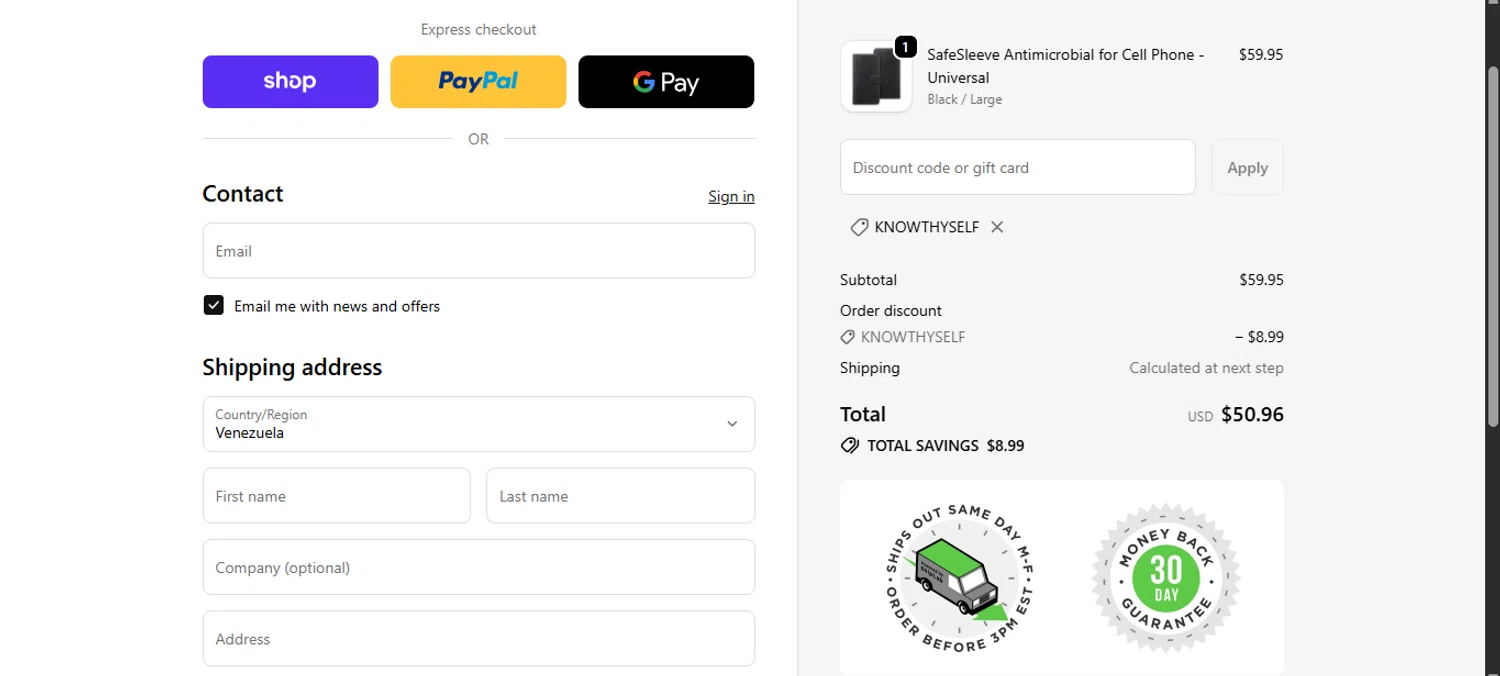 SafeSleeve discount code screenshot showing code KNOWTHYSELF applied at SafeSleeve checkout page. Uploaded by SimplyCodes community member ______________ on Dec 6, 2025