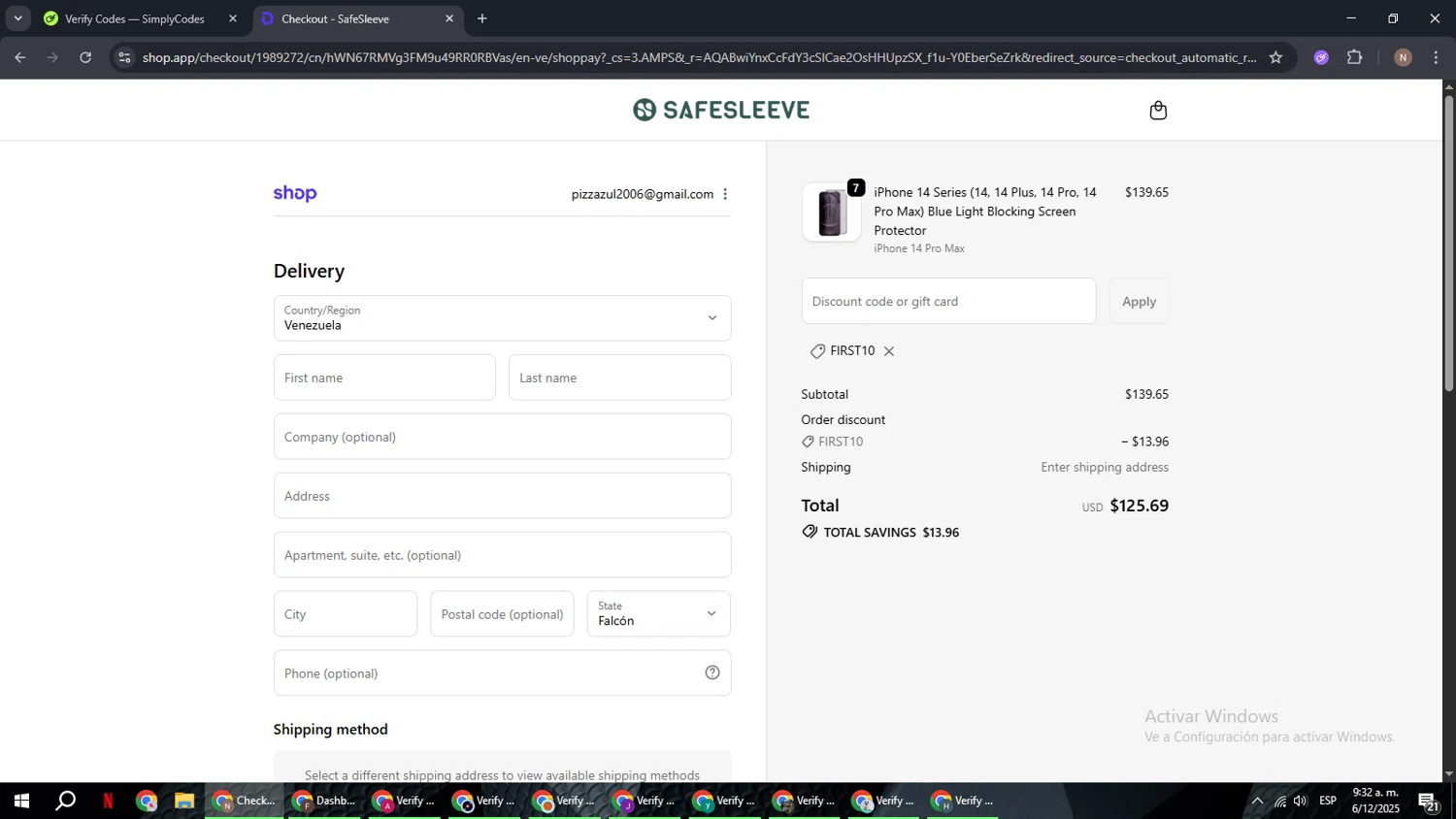 SafeSleeve discount code screenshot showing code FIRST10 applied at SafeSleeve checkout page. Uploaded by SimplyCodes community member DiscountPioneer2554 on Dec 6, 2025