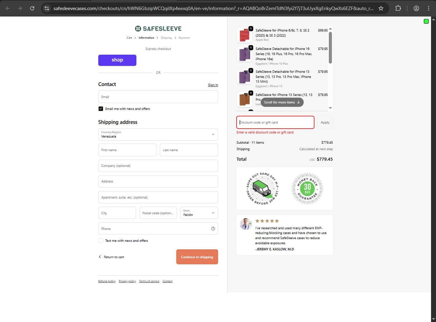SafeSleeve discount code screenshot showing code FIRST10 applied at SafeSleeve checkout page. Uploaded by SimplyCodes community member RINITOSHI on Dec 10, 2025