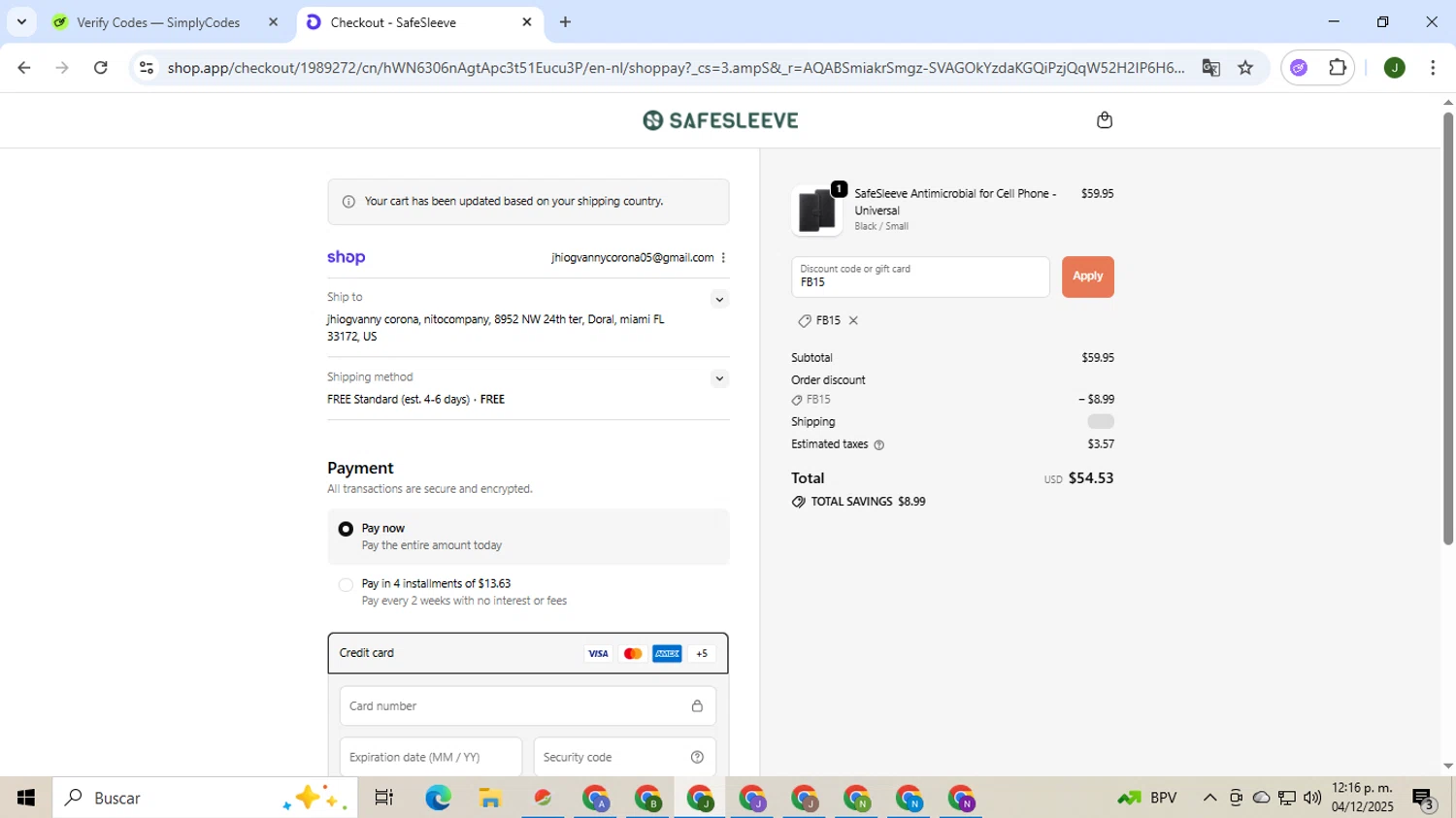 SafeSleeve discount code screenshot showing code FB15 applied at SafeSleeve checkout page. Uploaded by SimplyCodes community member CleverSeeker3529 on Dec 4, 2025