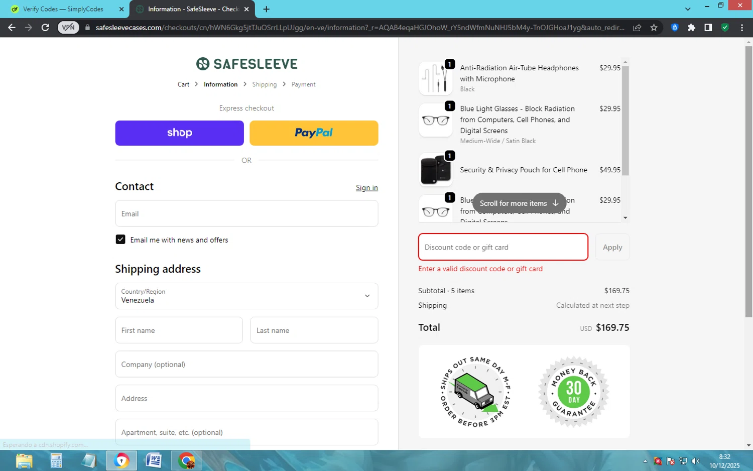 SafeSleeve discount code screenshot showing code FB15 applied at SafeSleeve checkout page. Uploaded by SimplyCodes community member EpicHero3429 on Dec 10, 2025