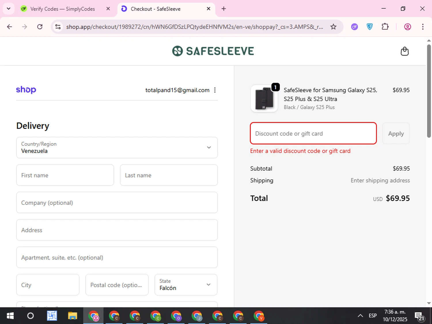 SafeSleeve discount code screenshot showing code IMBACK15 applied at SafeSleeve checkout page. Uploaded by SimplyCodes community member QuestCurator1644 on Dec 10, 2025