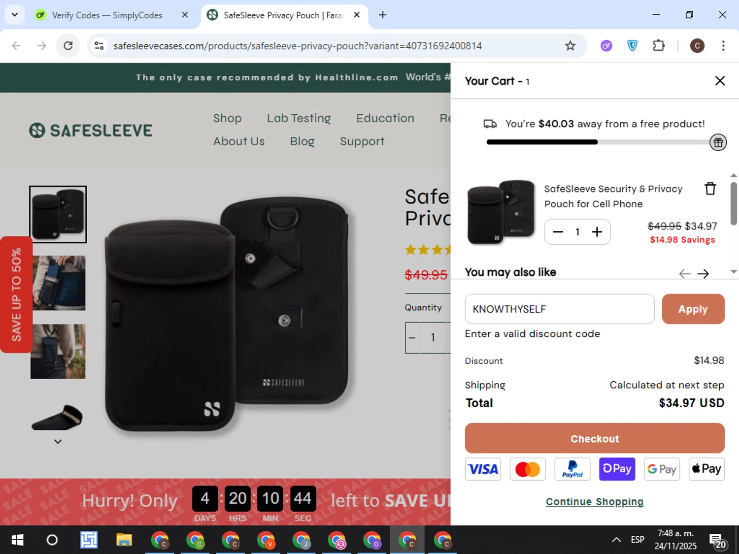 SafeSleeve discount code screenshot showing code KNOWTHYSELF applied at SafeSleeve checkout page. Uploaded by SimplyCodes community member TreasureFox8596 on Nov 24, 2025