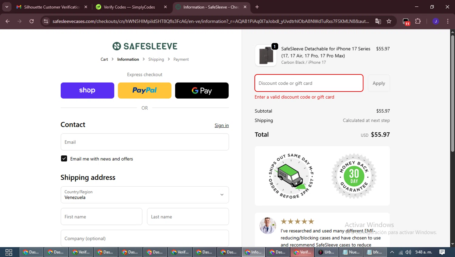 SafeSleeve discount code screenshot showing code GOLDIVY applied at SafeSleeve checkout page. Uploaded by SimplyCodes community member LegendaryLegend9872 on Nov 14, 2025