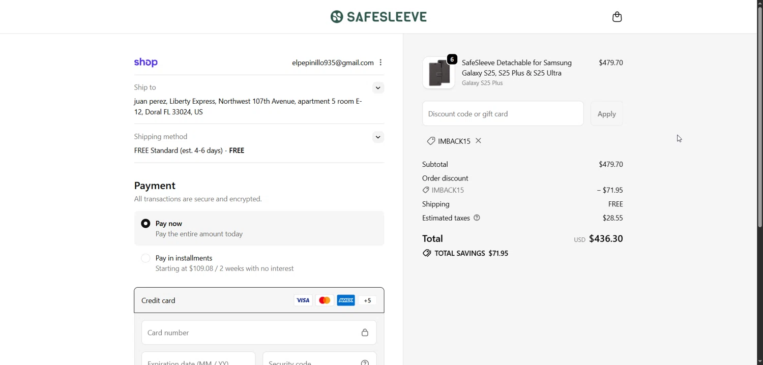 SafeSleeve promo code screenshot showing code IMBACK15 applied at SafeSleeve checkout page. Uploaded by SimplyCodes community member Enmanuel99 on Jan 8, 2026