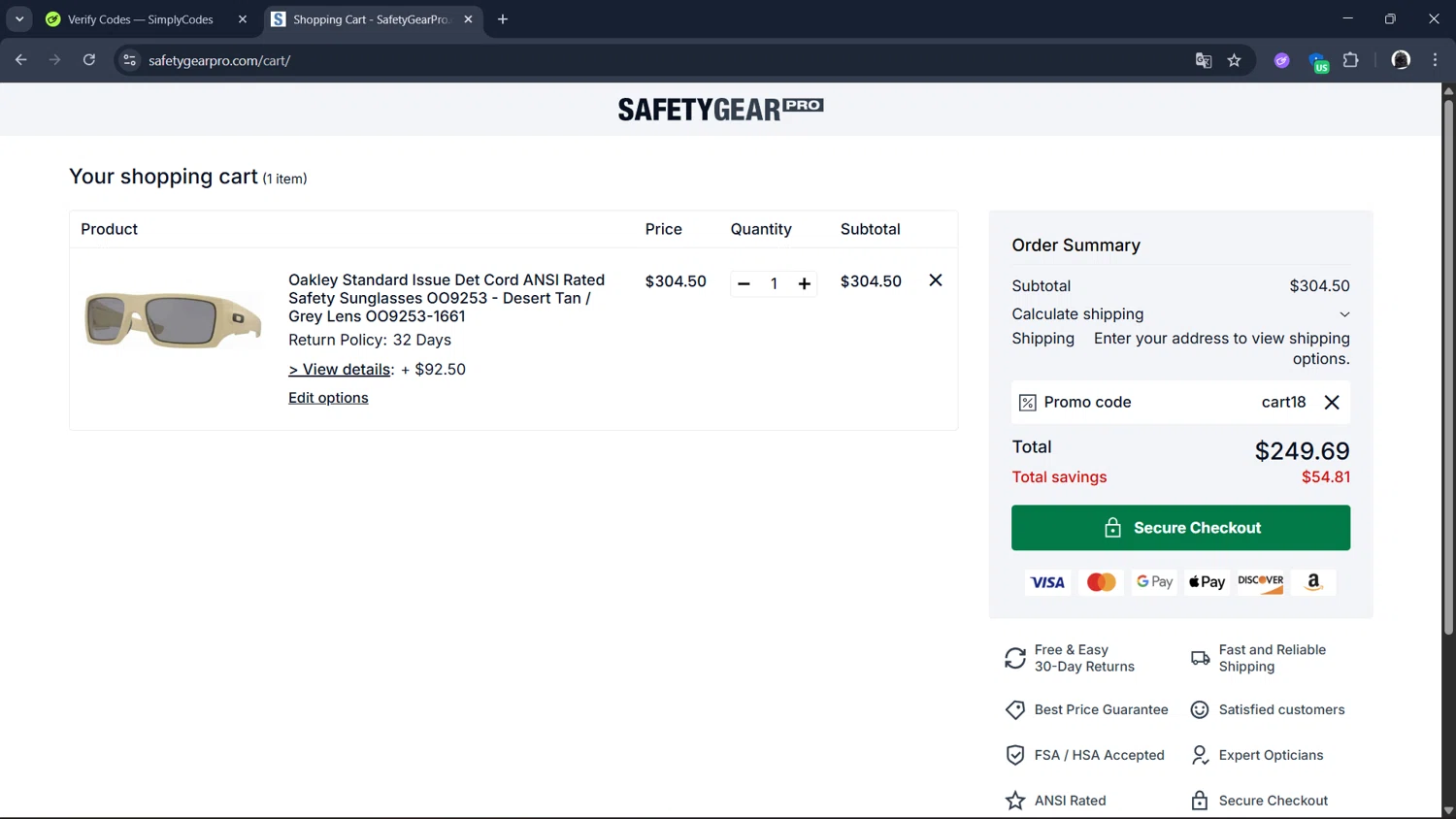 Safety Gear Pro promo code screenshot showing code cart18 applied at Safety Gear Pro checkout page. Uploaded by SimplyCodes community member ArthurMorgan on Dec 21, 2025