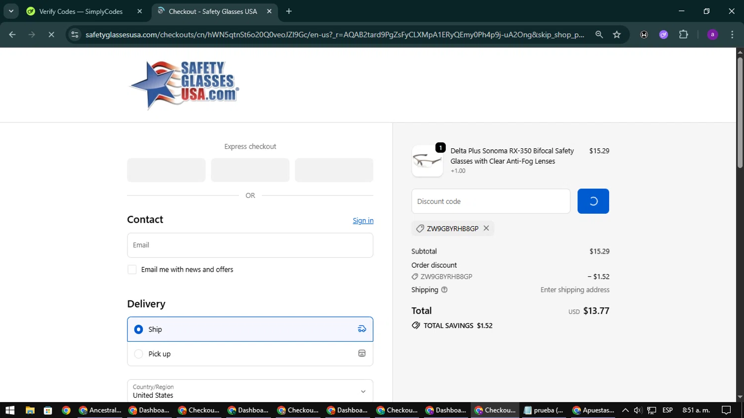 Safety Glasses USA coupon code screenshot showing code ZW9GBYRHB8GP applied at Safety Glasses USA checkout page. Uploaded by SimplyCodes community member CoinElite8997 on Nov 29, 2025