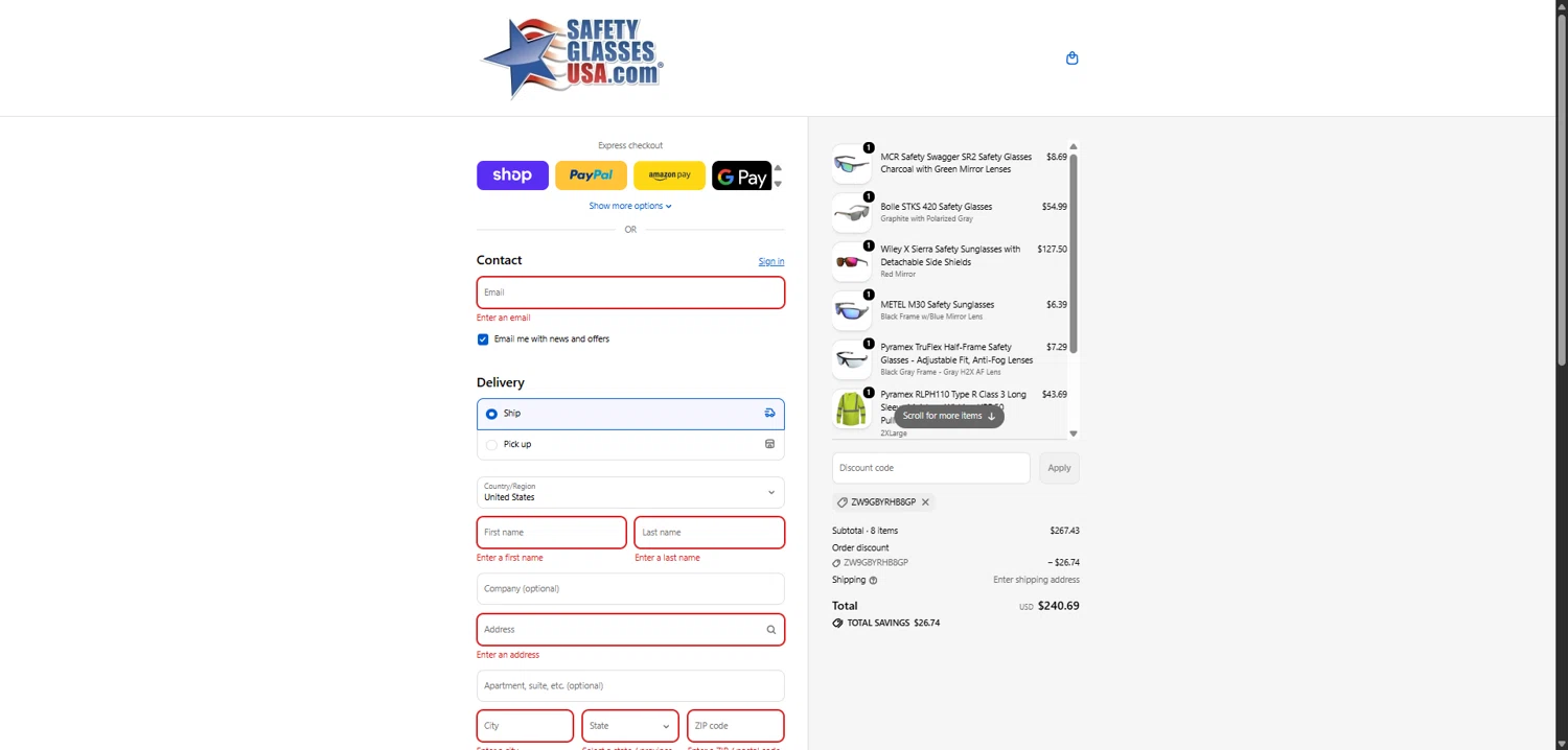 Safety Glasses USA coupon code screenshot showing code ZW9GBYRHB8GP applied at Safety Glasses USA checkout page. Uploaded by SimplyCodes community member SavvyCollector7681 on Dec 16, 2025