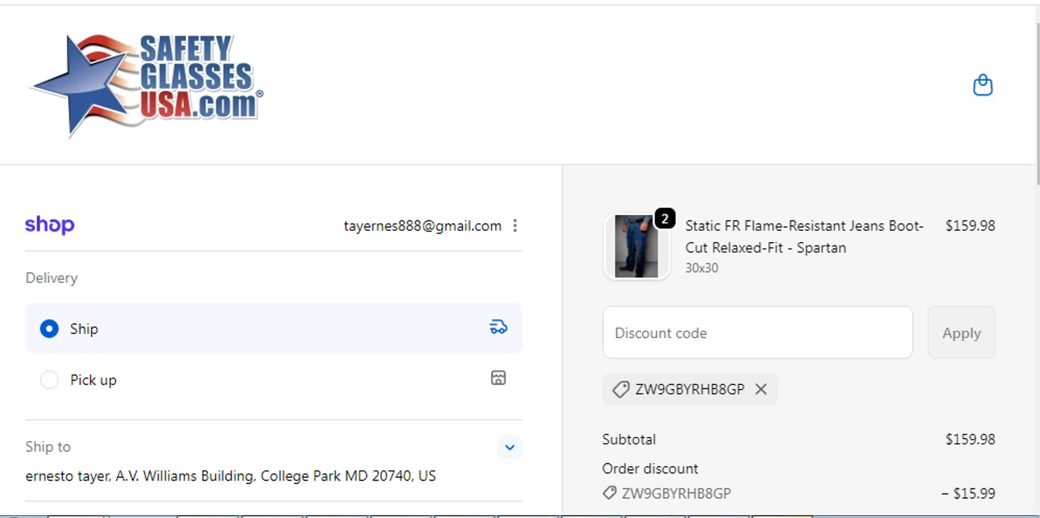 Safety Glasses USA coupon code screenshot showing code ZW9GBYRHB8GP applied at Safety Glasses USA checkout page. Uploaded by SimplyCodes community member Veronicas on Nov 29, 2025