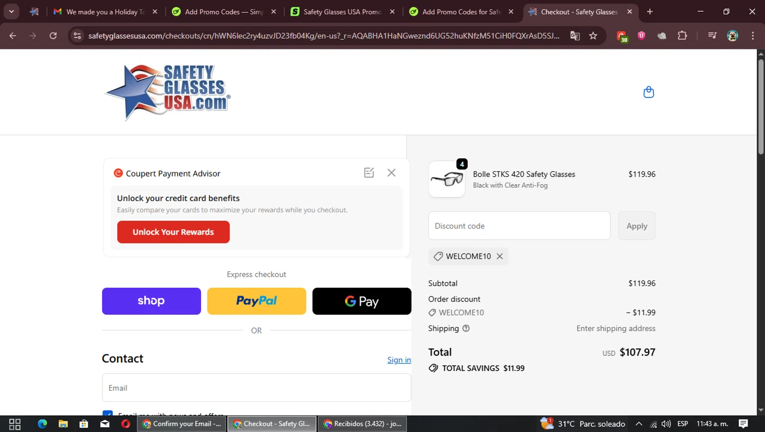 Safety Glasses USA coupon code screenshot showing code WELCOME10 applied at Safety Glasses USA checkout page. Uploaded by SimplyCodes community member ninasophia on Dec 23, 2025