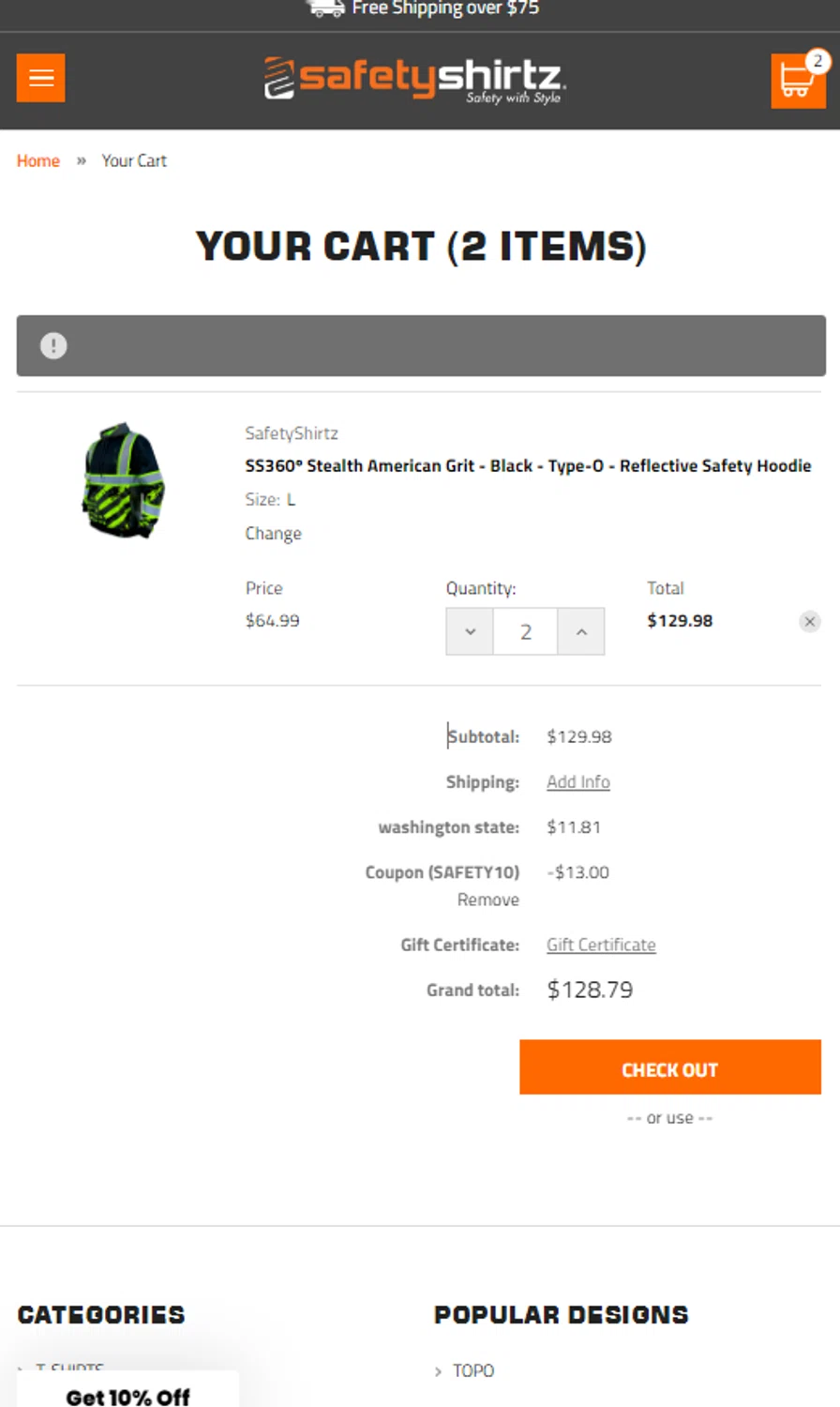 SafetyShirtz checkout page showing SafetyShirtz coupon code box | Screenshot taken by SimplyCodes community member on Aug 10, 2024