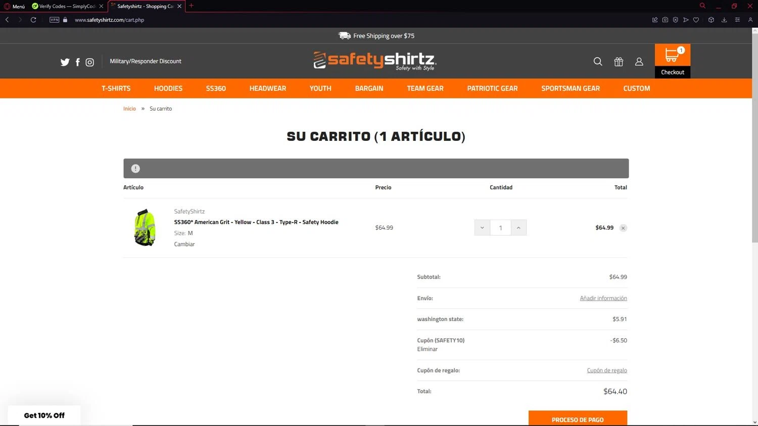 SafetyShirtz coupon code screenshot showing code safety10 applied at SafetyShirtz checkout page. Uploaded by SimplyCodes community member LegendarySeeker3956 on Mar 27, 2025