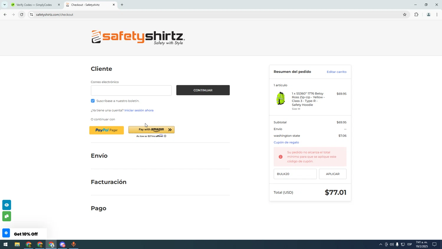 SafetyShirtz checkout page showing SafetyShirtz coupon code box | Screenshot taken by SimplyCodes community member on Feb 19, 2025