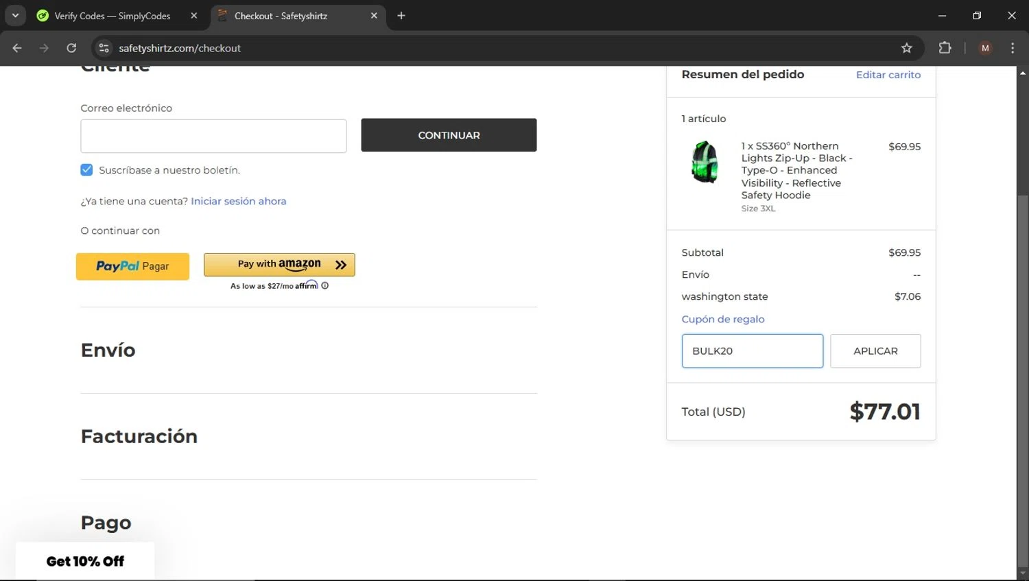 SafetyShirtz checkout page showing SafetyShirtz coupon code box | Screenshot taken by SimplyCodes community member on Jan 21, 2025