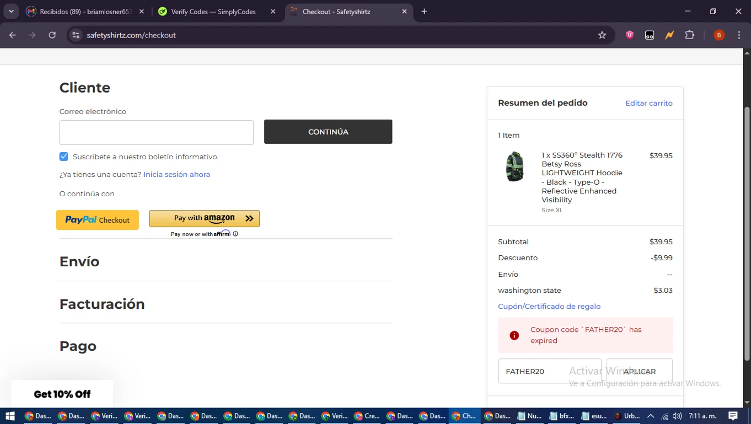 SafetyShirtz coupon code screenshot showing code FATHER20 applied at SafetyShirtz checkout page. Uploaded by SimplyCodes community member DiscountExpert6435 on Jul 11, 2025