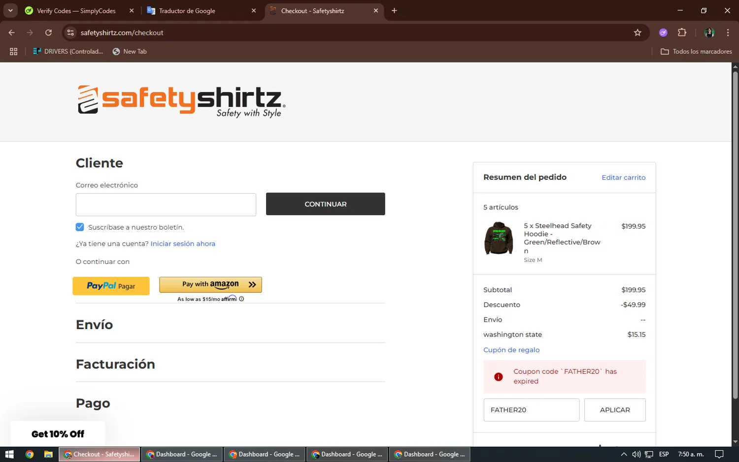 SafetyShirtz coupon code screenshot showing code FATHER20 applied at SafetyShirtz checkout page. Uploaded by SimplyCodes community member TheWizard on Jul 11, 2025