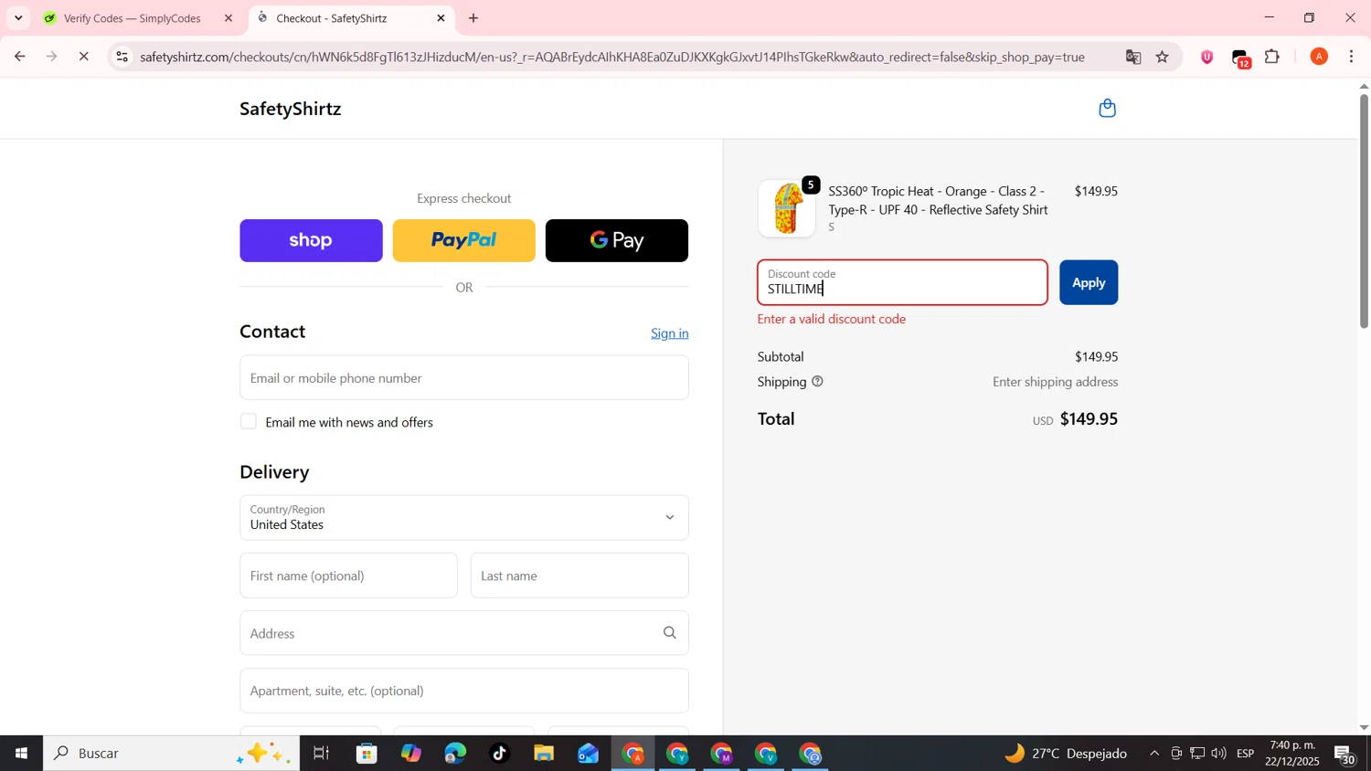 SafetyShirtz coupon code screenshot showing code STILLTIME applied at SafetyShirtz checkout page. Uploaded by SimplyCodes community member FrugalSentinel6206 on Dec 22, 2025