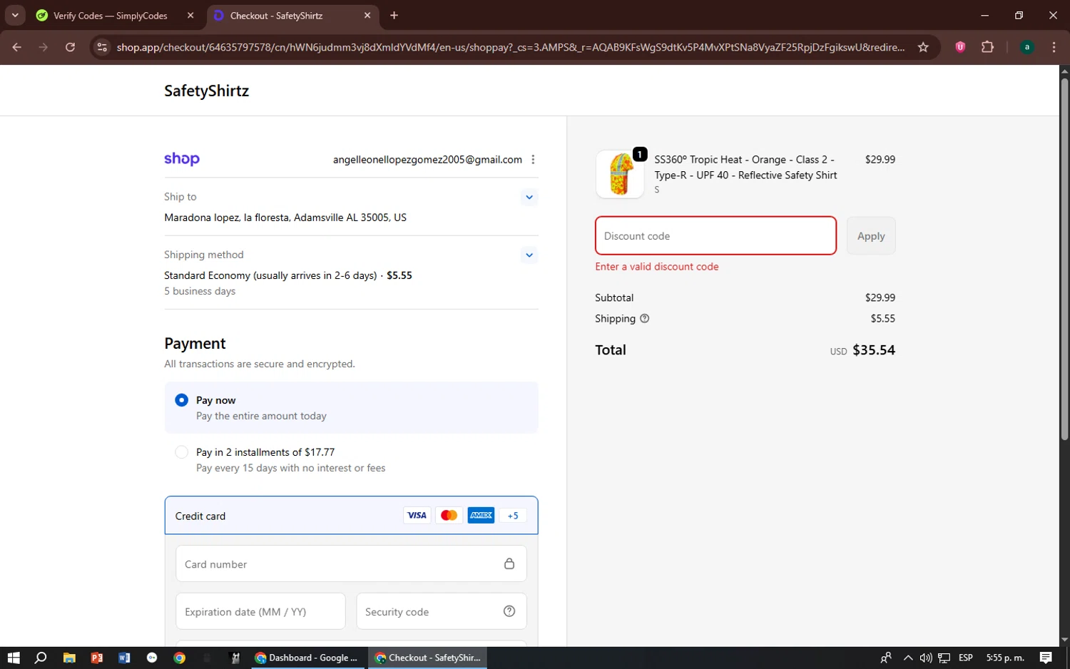 SafetyShirtz coupon code screenshot showing code STILLTIME applied at SafetyShirtz checkout page. Uploaded by SimplyCodes community member zizu55 on Dec 22, 2025