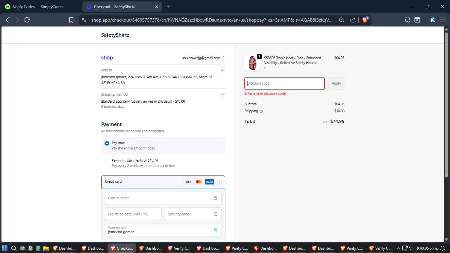 SafetyShirtz promo code screenshot showing code SAFETY20 applied at SafetyShirtz checkout page. Uploaded by SimplyCodes community member Jgomez on Mar 30, 2026