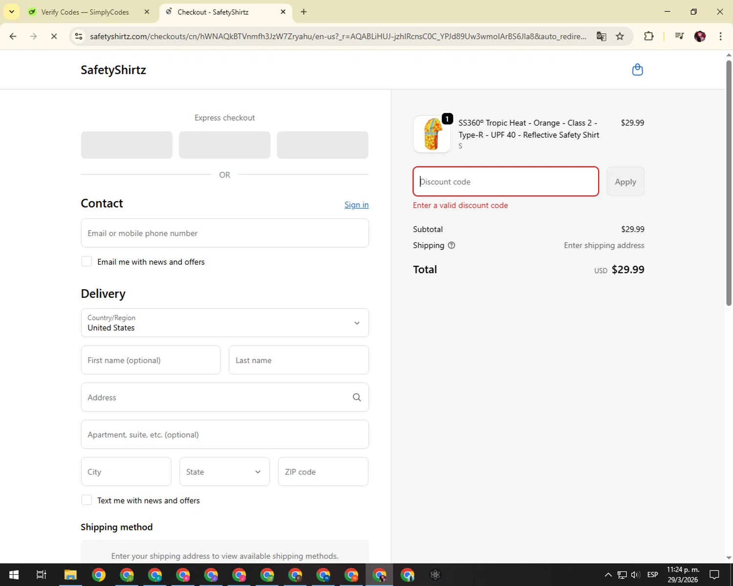 SafetyShirtz promo code screenshot showing code SAFETY20 applied at SafetyShirtz checkout page. Uploaded by SimplyCodes community member KimDokja on Mar 30, 2026