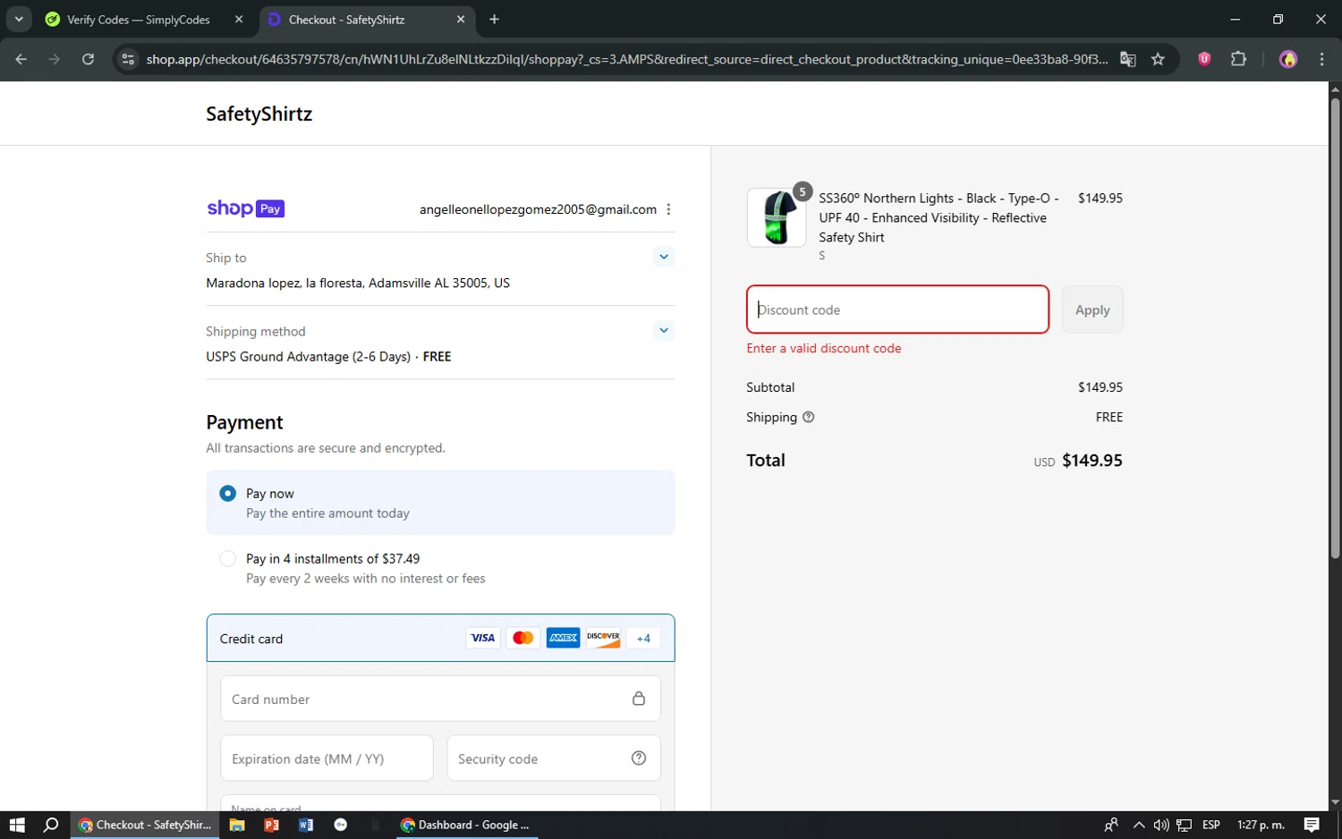 SafetyShirtz coupon code screenshot showing code MOTHER20 applied at SafetyShirtz checkout page. Uploaded by SimplyCodes community member TreasureShopper9156 on Aug 6, 2025