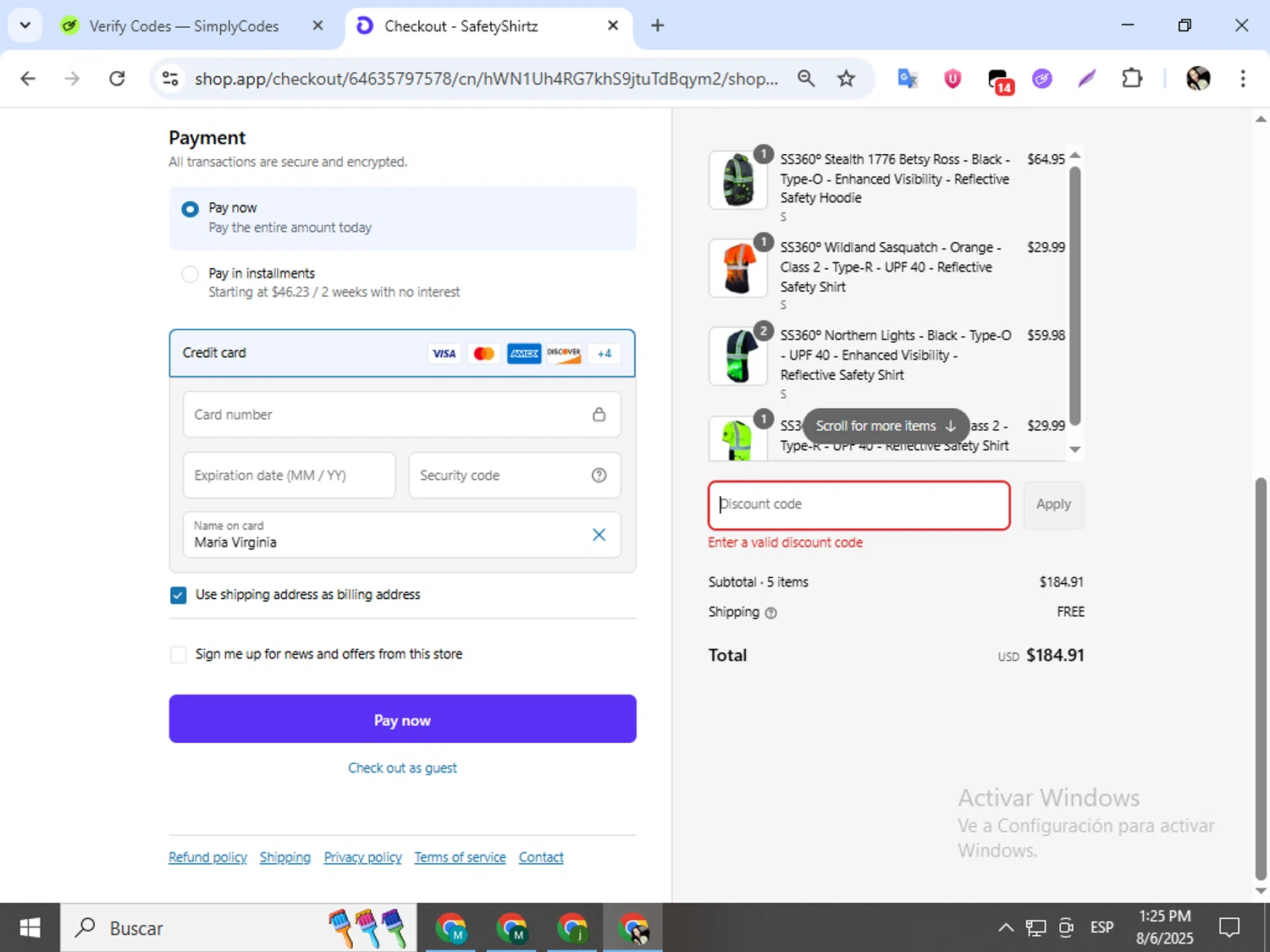 SafetyShirtz coupon code screenshot showing code MOTHER20 applied at SafetyShirtz checkout page. Uploaded by SimplyCodes community member mariapolancog on Aug 6, 2025