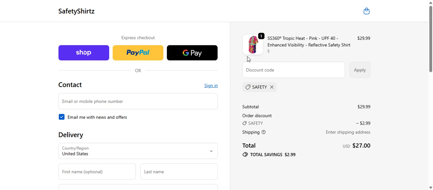 SafetyShirtz promo code screenshot showing code SAFETY applied at SafetyShirtz checkout page. Uploaded by SimplyCodes community member armalissolorzano1 on May 16, 2026