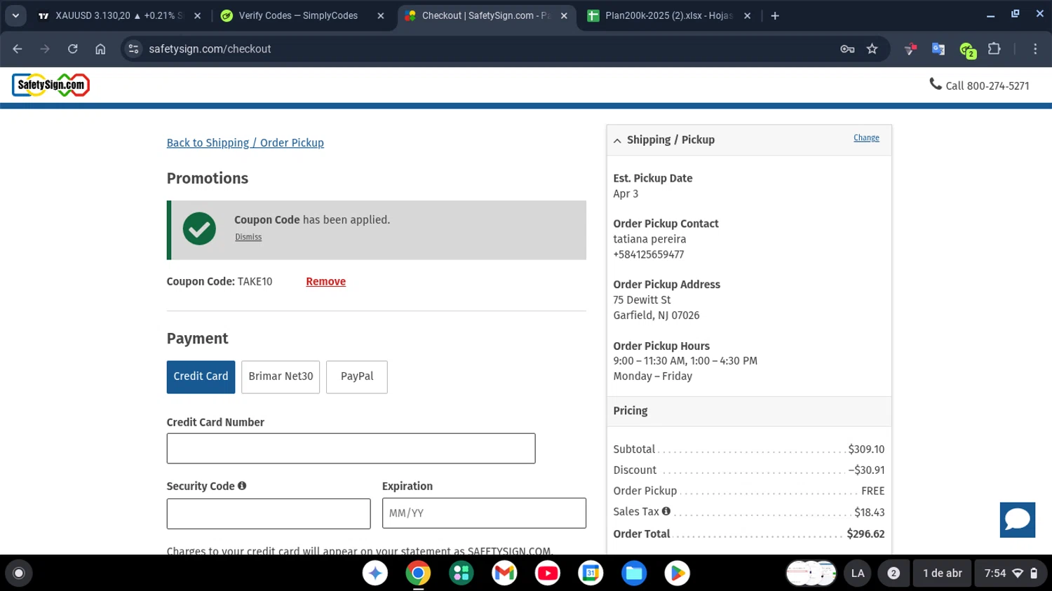 Safety Sign promo code screenshot showing code TAKE10 applied at Safety Sign checkout page. Uploaded by SimplyCodes community member robertogonzalez on Apr 1, 2025