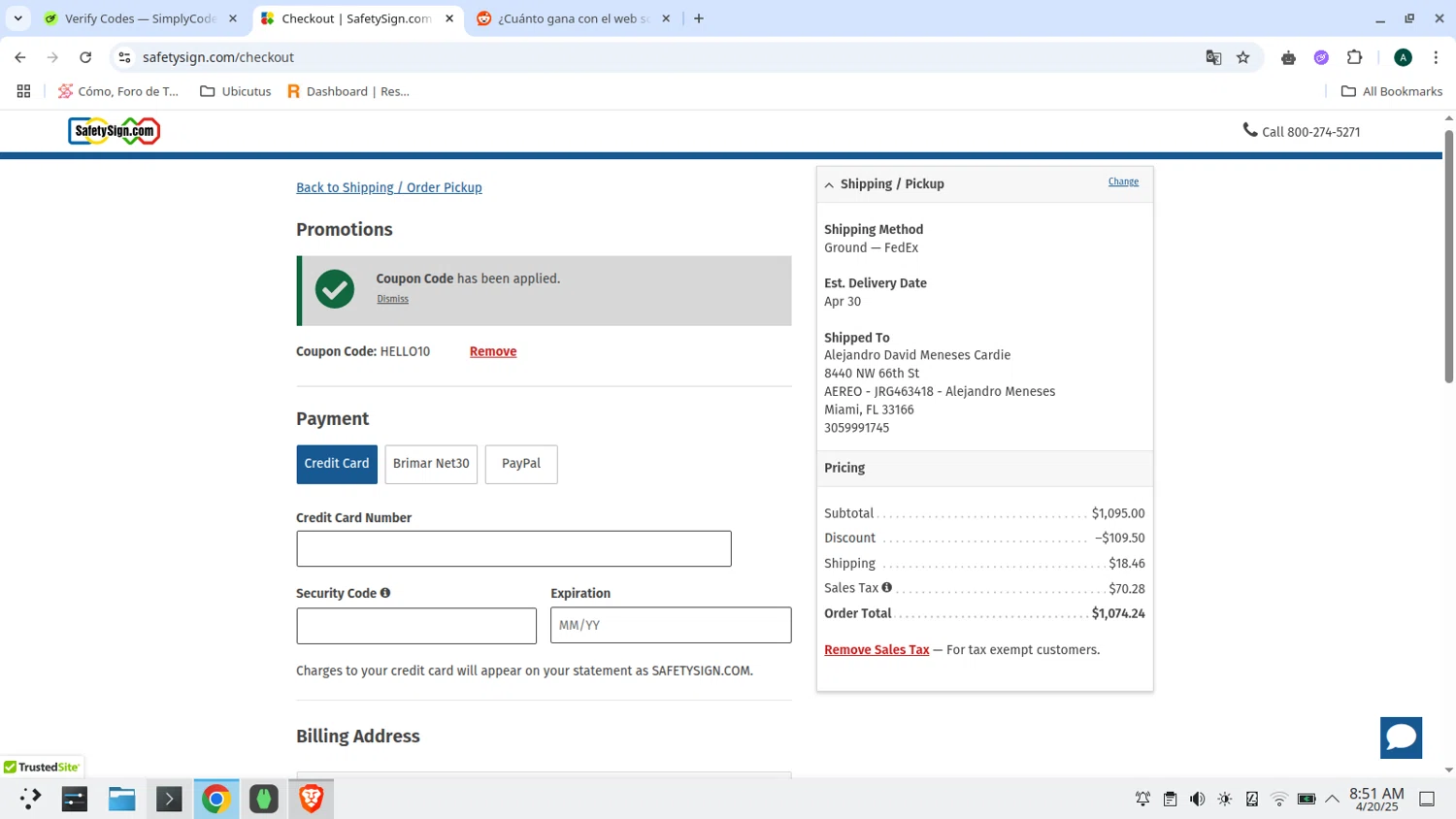 Safety Sign promo code screenshot showing code HELLO10 applied at Safety Sign checkout page. Uploaded by SimplyCodes community member admeneses on Apr 20, 2025