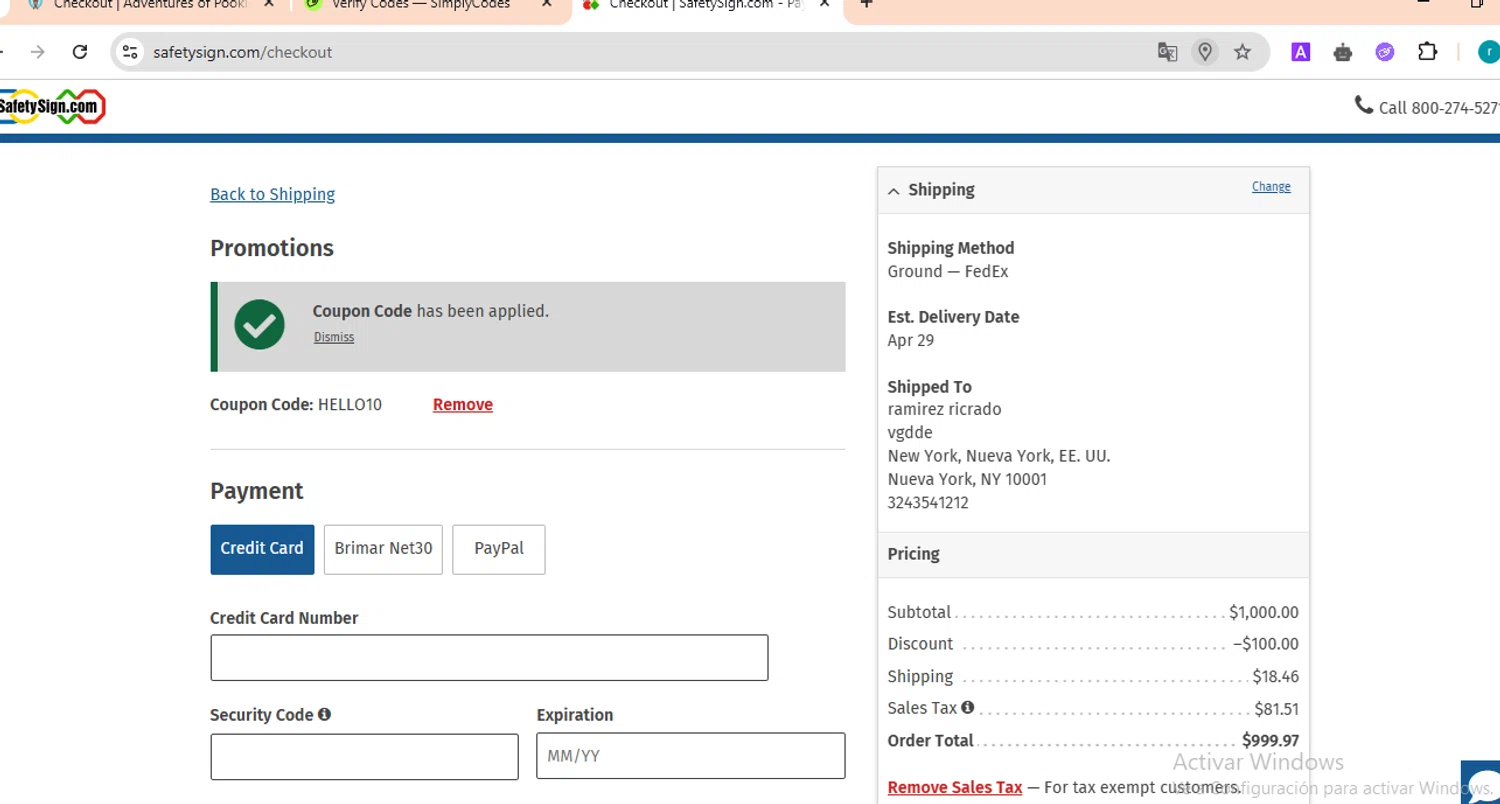 Safety Sign promo code screenshot showing code HELLO10 applied at Safety Sign checkout page. Uploaded by SimplyCodes community member TokenScout7028 on Apr 20, 2025