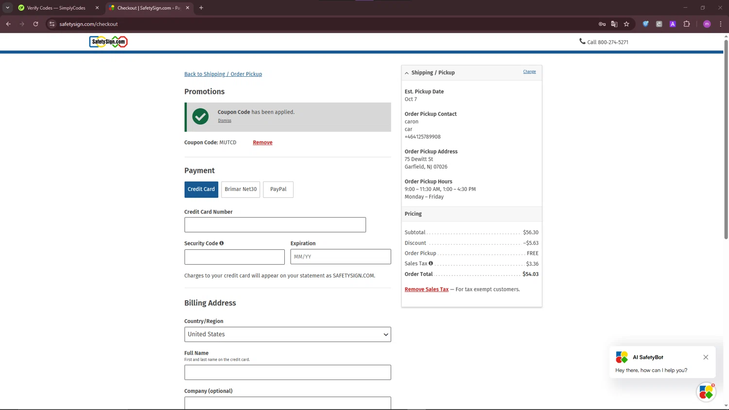 Safety Sign checkout page showing Safety Sign promo code box | Screenshot taken by SimplyCodes community member on Oct 2, 2025
