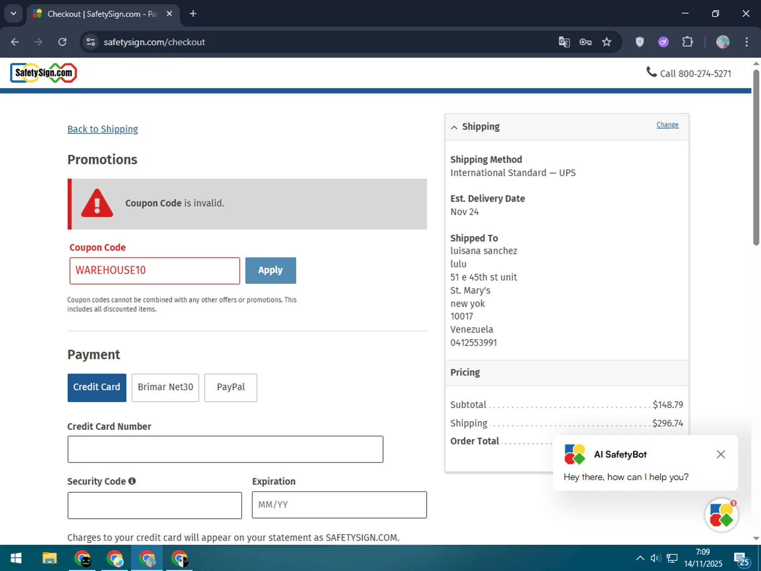 Safety Sign promo code screenshot showing code WAREHOUSE10 applied at Safety Sign checkout page. Uploaded by SimplyCodes community member LegendaryPro7106 on Nov 14, 2025