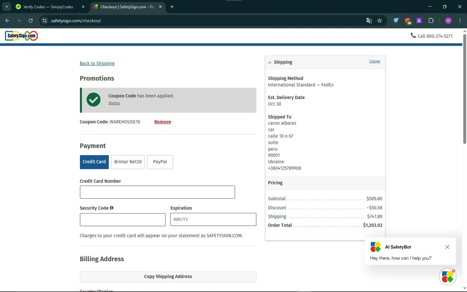 Safety Sign checkout page showing Safety Sign promo code box | Screenshot taken by SimplyCodes community member on Oct 16, 2025