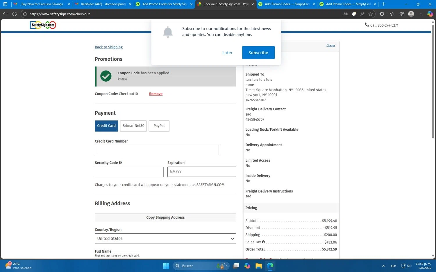 Safety Sign promo code screenshot showing code Checkout10 applied at Safety Sign checkout page. Uploaded by SimplyCodes community member Mdeoca on Aug 1, 2025