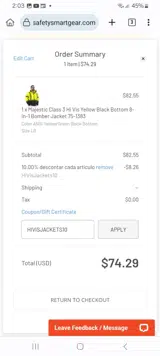 HIVISJACKETS10 coupon verification screenshot