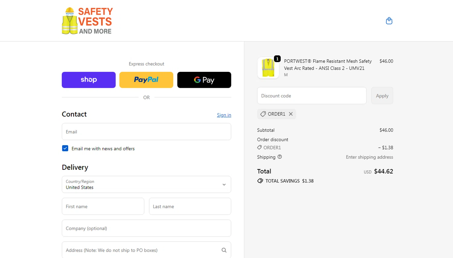 Safety Vests and More discount code screenshot showing code ORDER1 applied at Safety Vests and More checkout page. Uploaded by SimplyCodes community member oliveririarte on Dec 24, 2025