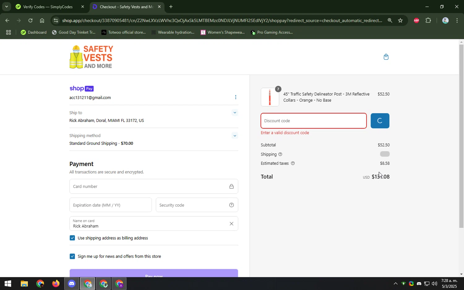 Safety Vests and More discount code screenshot showing code SUB5 applied at Safety Vests and More checkout page. Uploaded by SimplyCodes community member DIOSESMIGUIA on Mar 5, 2025