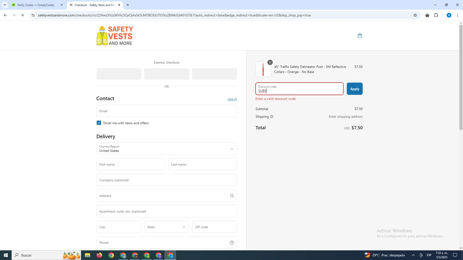 Safety Vests and More discount code screenshot showing code SUB5 applied at Safety Vests and More checkout page. Uploaded by SimplyCodes community member CrownShopper7142 on Mar 5, 2025