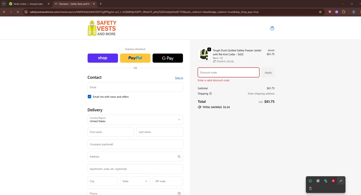 Safety Vests and More discount code screenshot showing code POLAR10 applied at Safety Vests and More checkout page. Uploaded by SimplyCodes community member GloriousPioneer2942 on Nov 26, 2025
