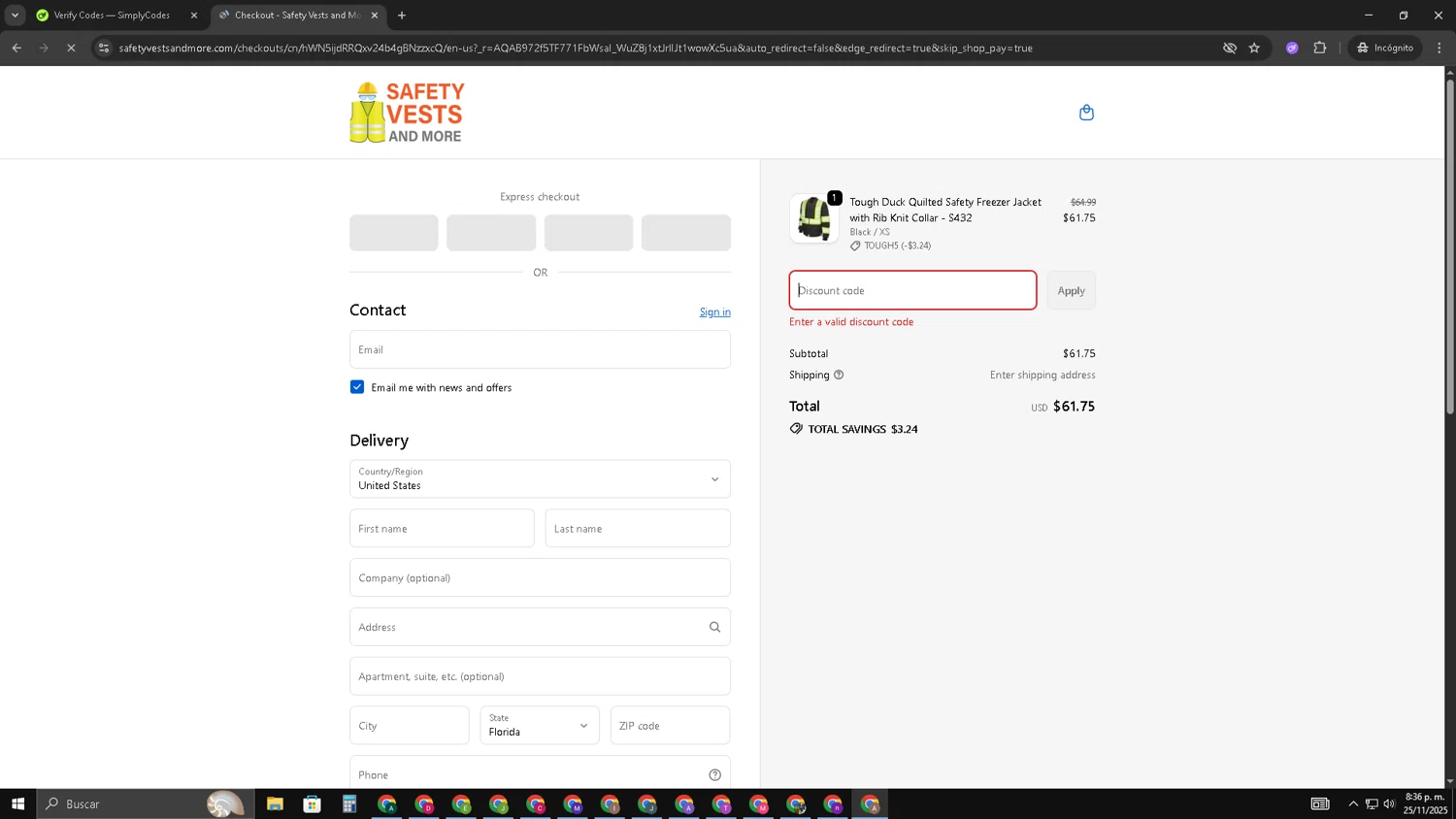 Safety Vests and More discount code screenshot showing code POLAR10 applied at Safety Vests and More checkout page. Uploaded by SimplyCodes community member SwiftSage2309 on Nov 26, 2025
