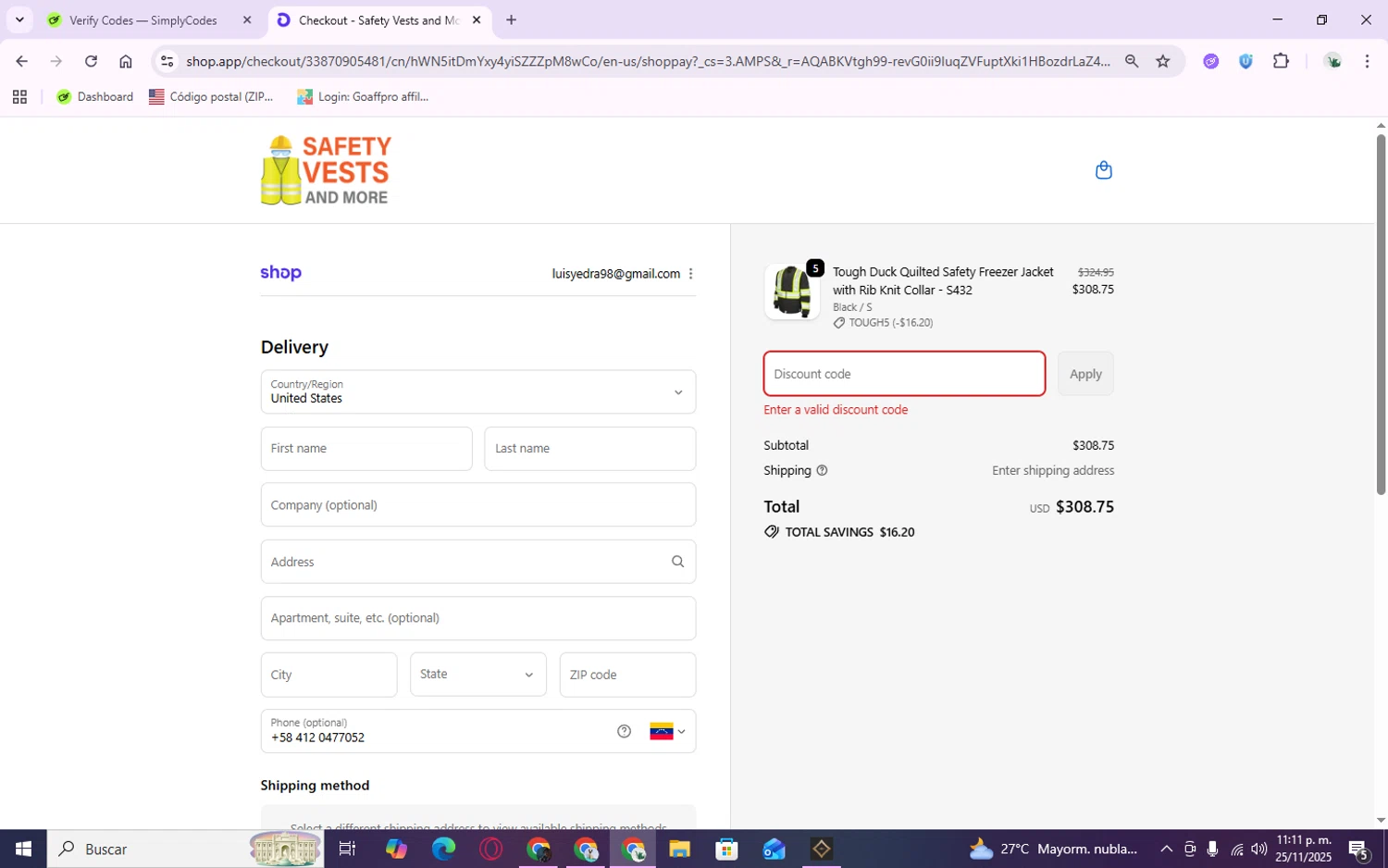 Safety Vests and More discount code screenshot showing code POLAR10 applied at Safety Vests and More checkout page. Uploaded by SimplyCodes community member Zenitsu2002 on Nov 26, 2025