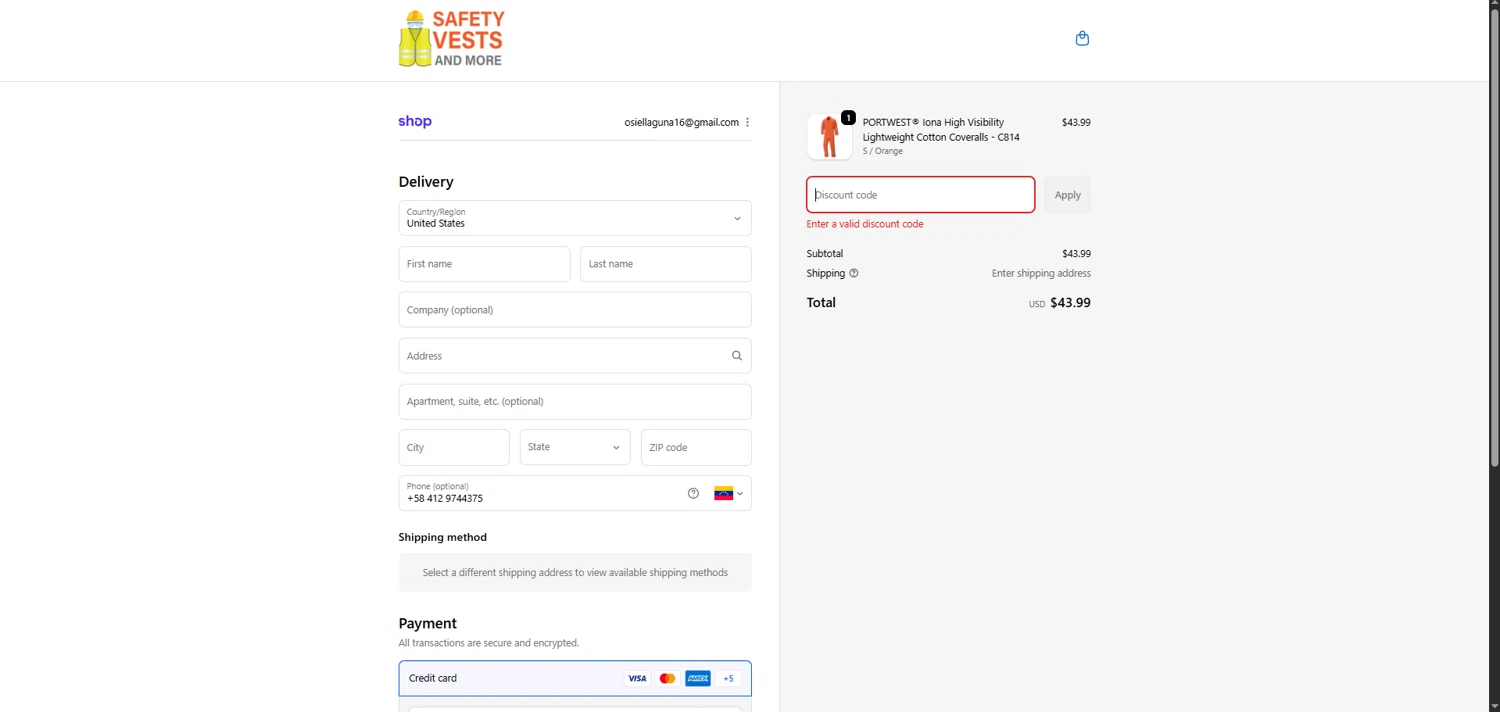 Safety Vests and More discount code screenshot showing code BF10 applied at Safety Vests and More checkout page. Uploaded by SimplyCodes community member ishidashoya on Dec 1, 2025