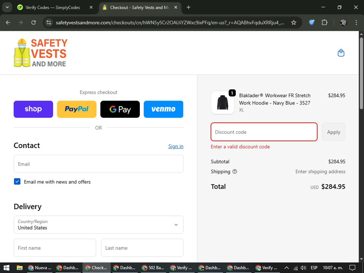 Safety Vests and More discount code screenshot showing code CM10 applied at Safety Vests and More checkout page. Uploaded by SimplyCodes community member PrimeKnight6101 on Dec 2, 2025