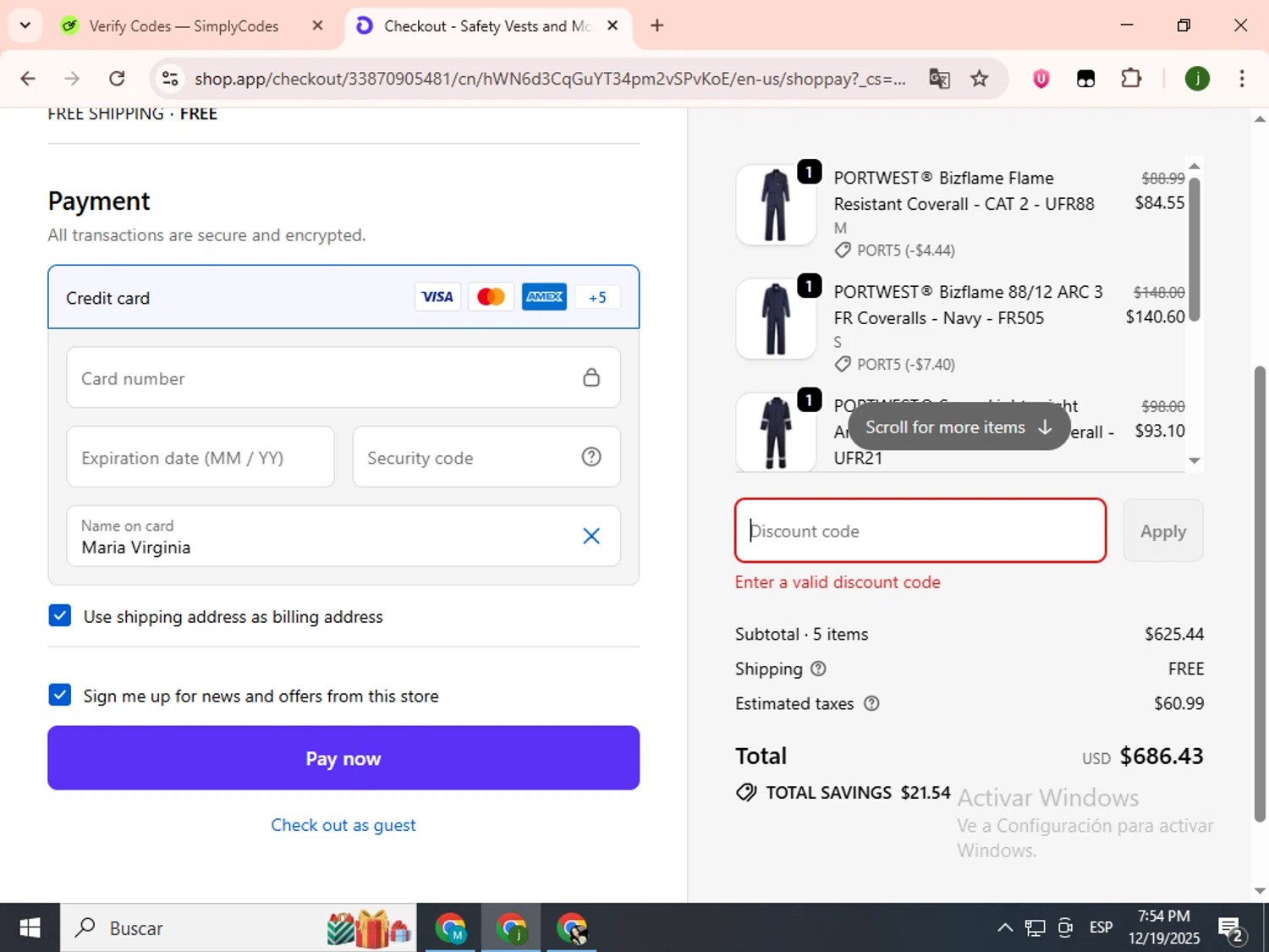 Safety Vests and More discount code screenshot showing code CM10 applied at Safety Vests and More checkout page. Uploaded by SimplyCodes community member SavingsCollector2592 on Dec 19, 2025