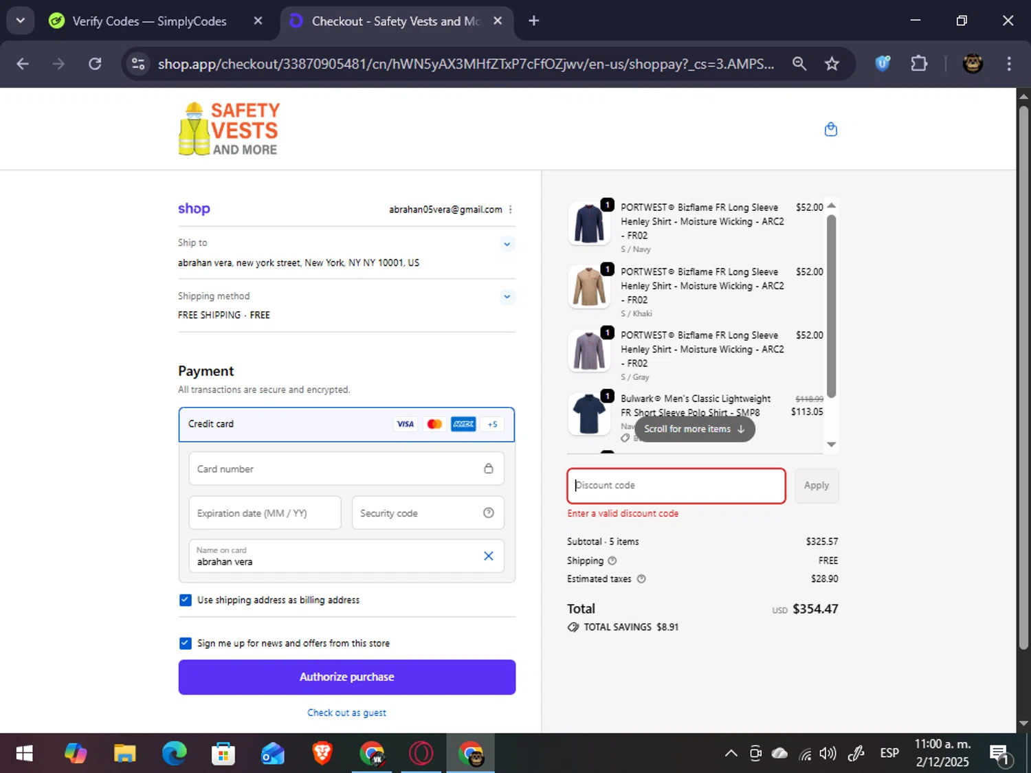 Safety Vests and More discount code screenshot showing code CM10 applied at Safety Vests and More checkout page. Uploaded by SimplyCodes community member abrahanv on Dec 2, 2025